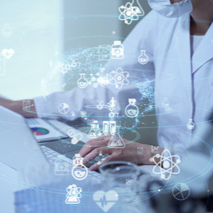 Image of icons with medical professional typing on a computer in the background