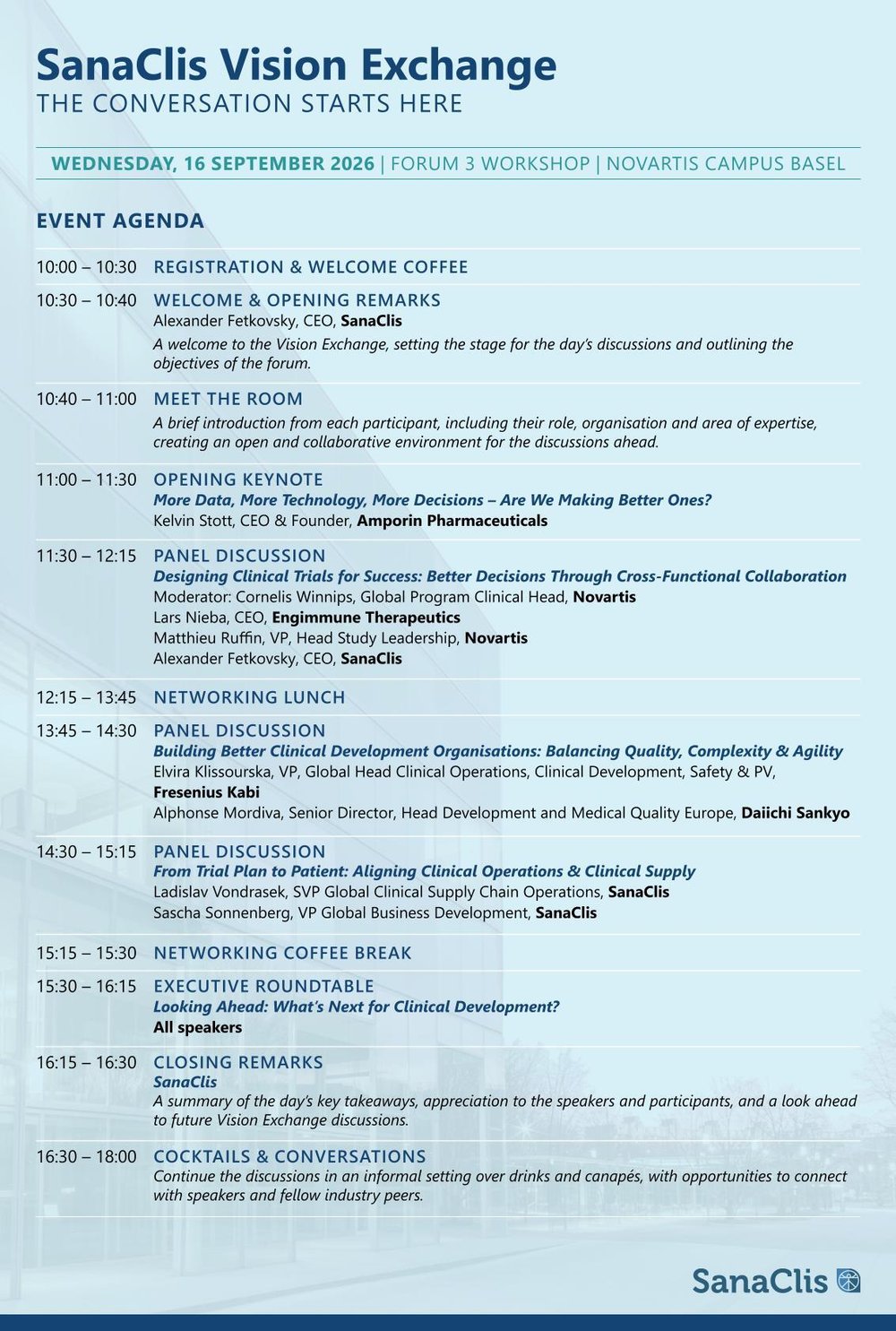 SanaClis Vision Exchange, Agenda