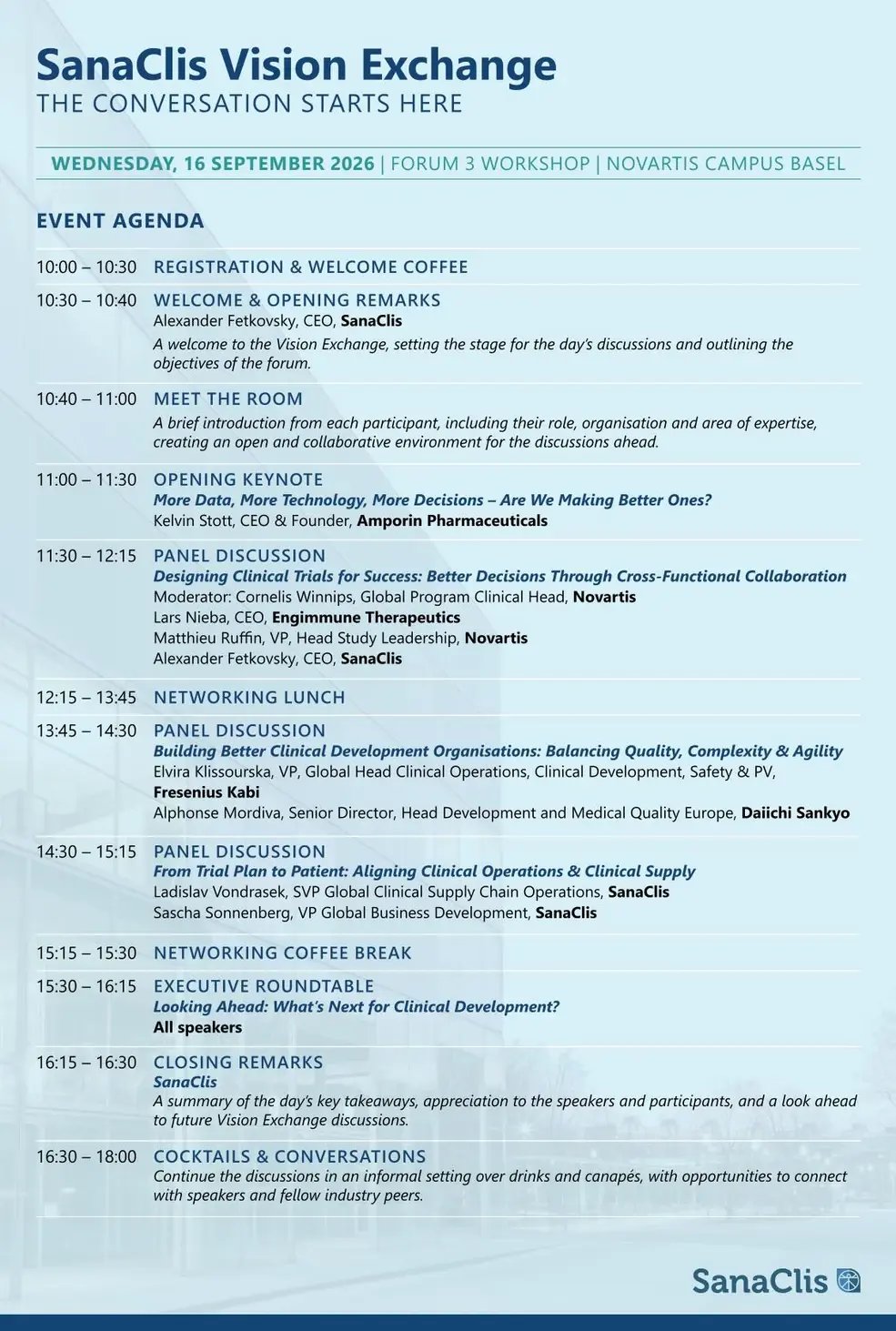 SanaClis Vision Exchange, Agenda